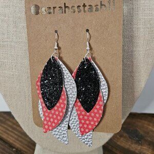 FAUX Leather Earrings, between 2.5" and 3.5" NWT, Christmas, Sil/Red/Blk